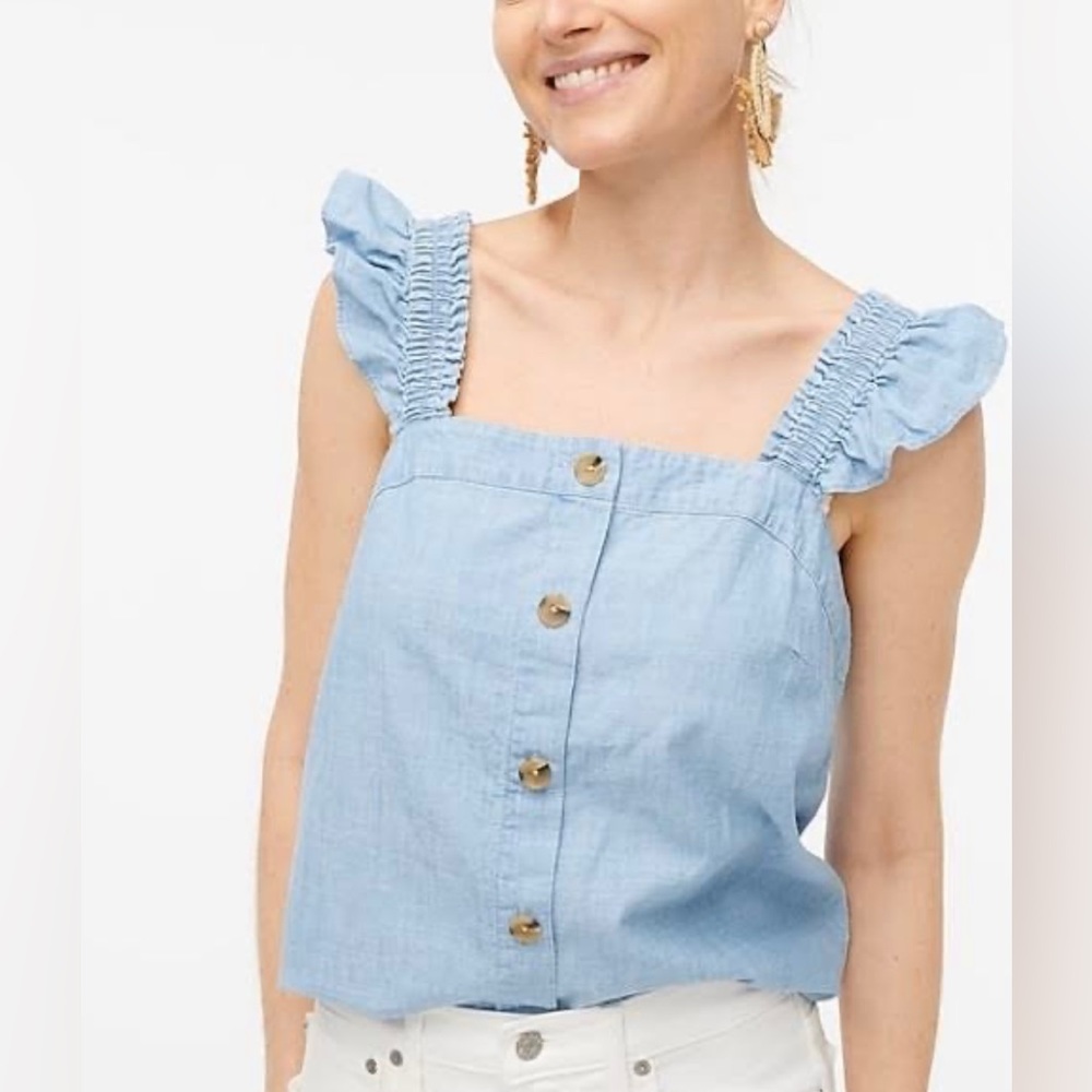 J.Crew Chambray Button-Front Tank Top With Ruffle… - image 1
